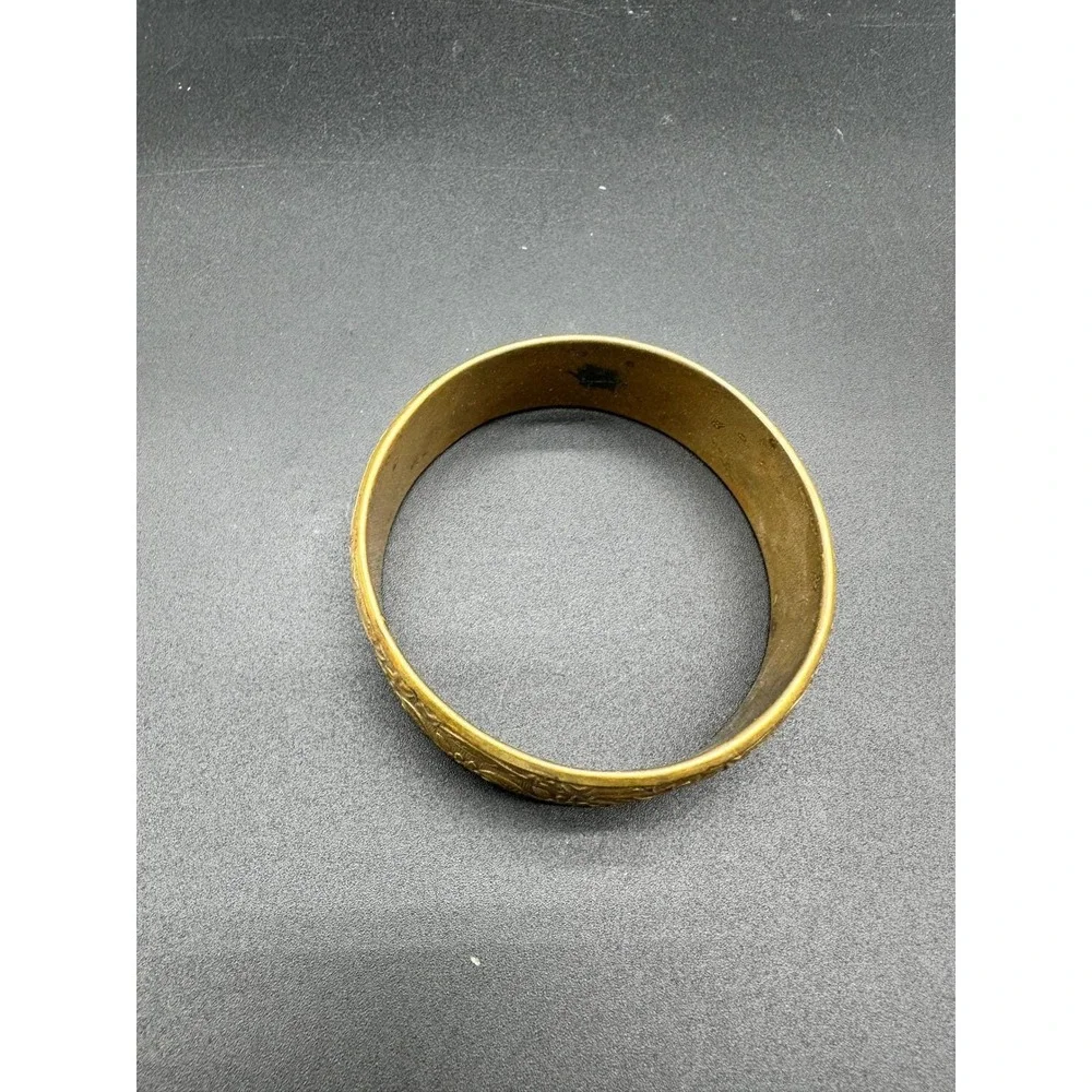 Vintage Brass Bangle Bracelet Victorian Style Floral Scroll Embossed Ornate Wide
